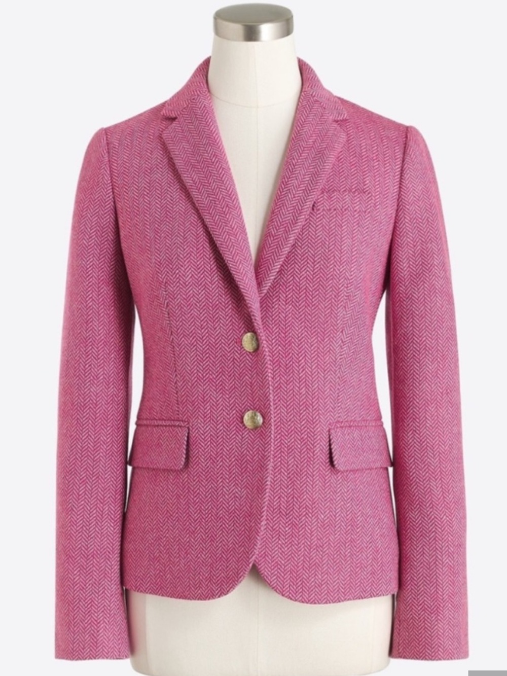 J.Crew Pink Herringbone Wool Blend Schoolboy Blazer Gold Crest Buttons Sz 4